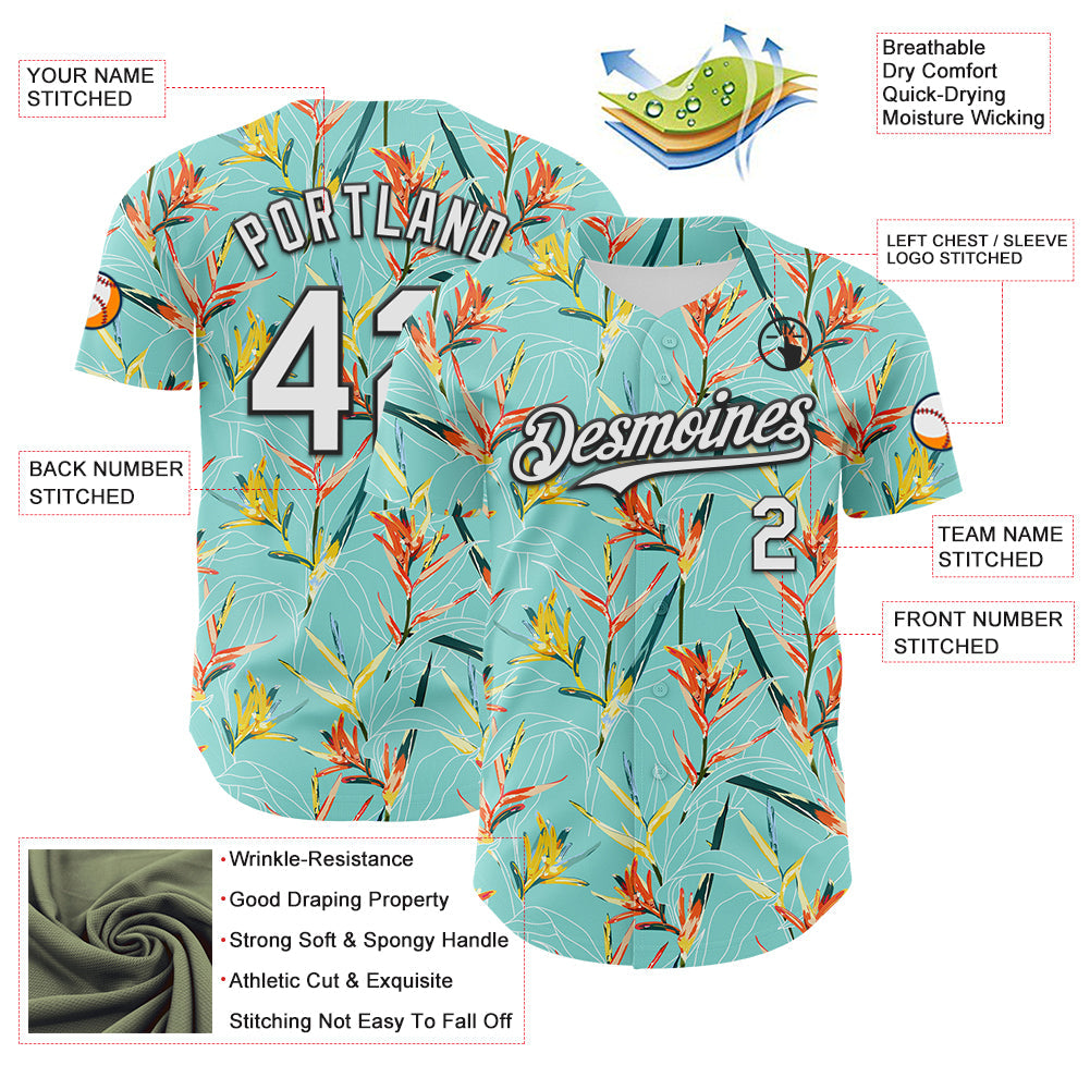 Custom Ice Blue White-Black 3D Hawaii Tropical Leaves Authentic Baseball Jersey view 3