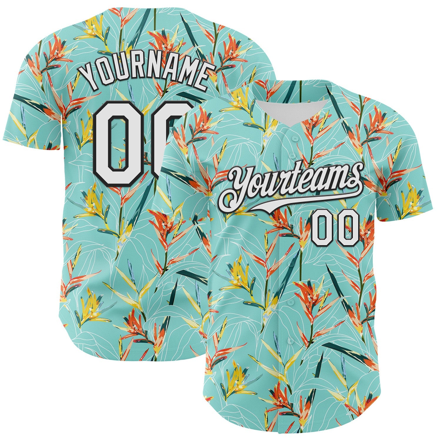 Custom Ice Blue White-Black 3D Hawaii Tropical Leaves Authentic Baseball Jersey - Main View