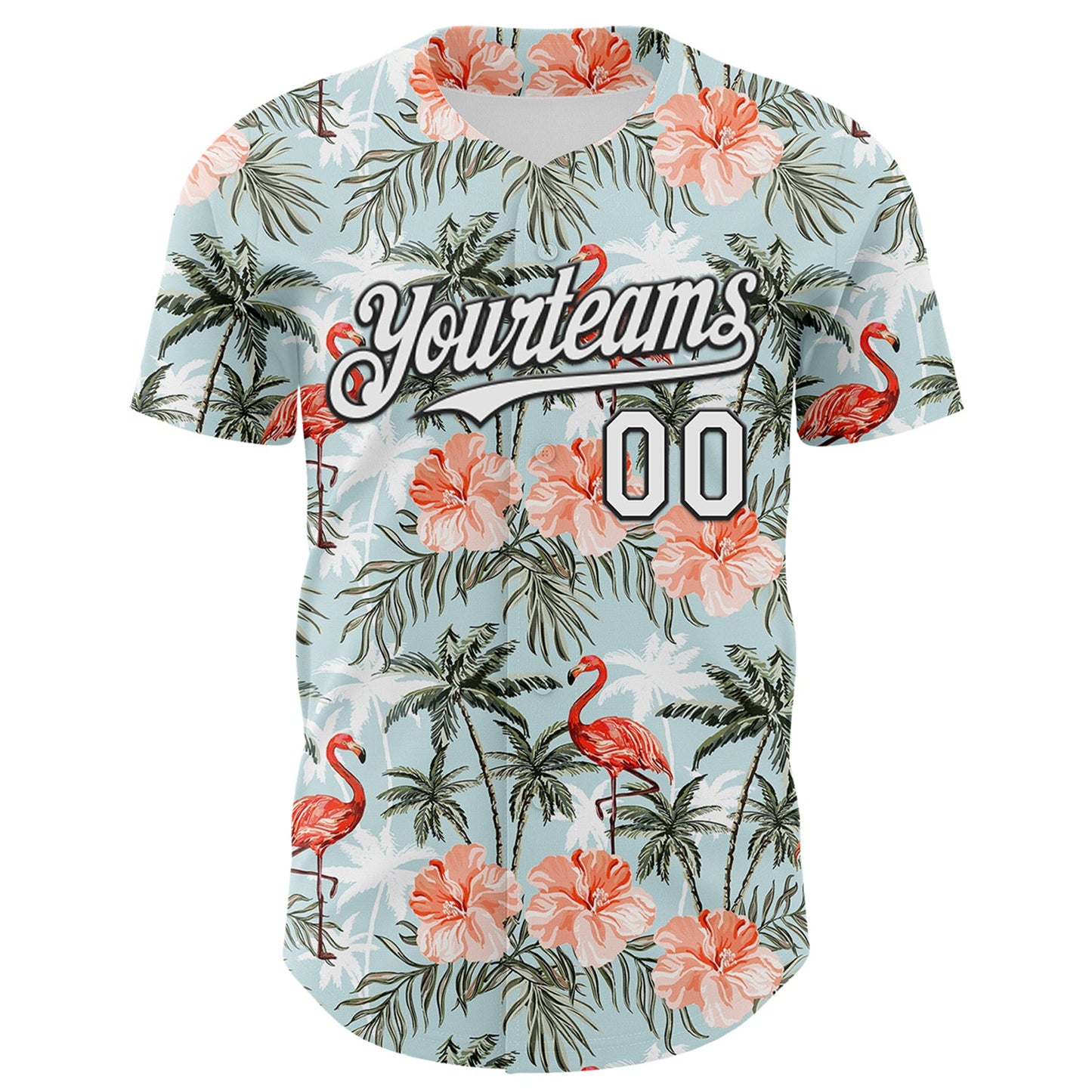 Custom Shadow Blue White-Black 3D Hawaii Tropical Palm Tree Flamingo Authentic Baseball Jersey view 2