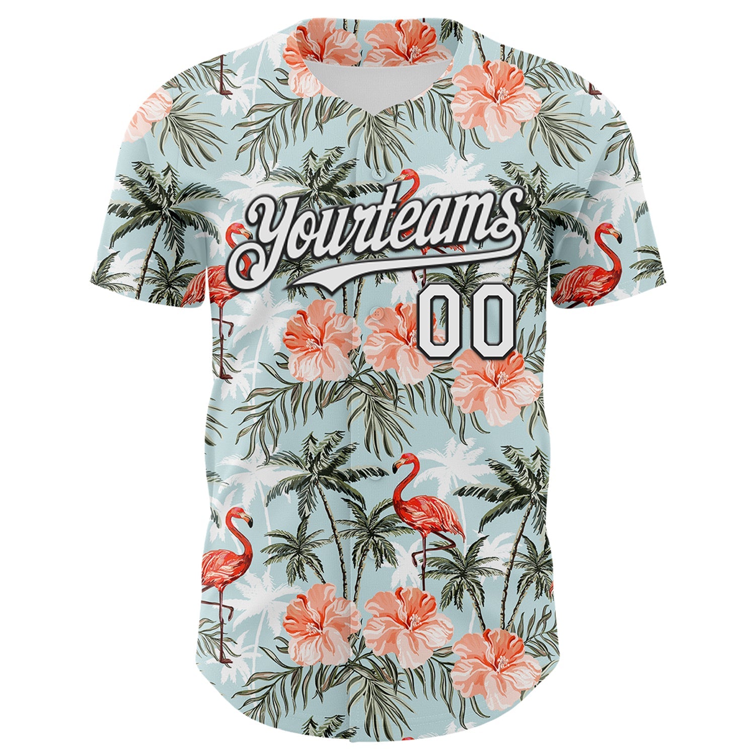 Custom Shadow Blue White-Black 3D Hawaii Tropical Palm Tree Flamingo Authentic Baseball Jersey view 2