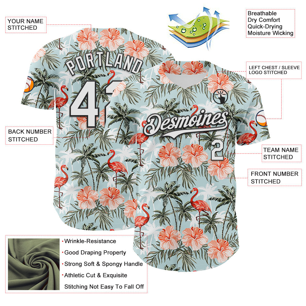 Custom Shadow Blue White-Black 3D Hawaii Tropical Palm Tree Flamingo Authentic Baseball Jersey view 3