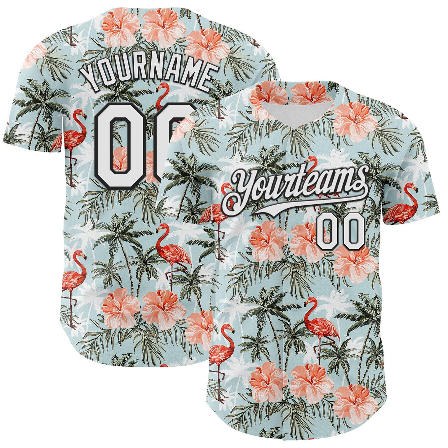 Custom Shadow Blue White-Black 3D Hawaii Tropical Palm Tree Flamingo Authentic Baseball Jersey - Main View