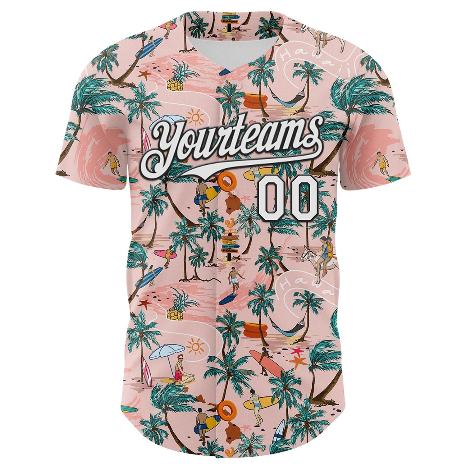 Custom Medium Pink White-Black 3D Hawaii Beach Tropical Palm Tree Surfing Authentic Baseball Jersey view 2