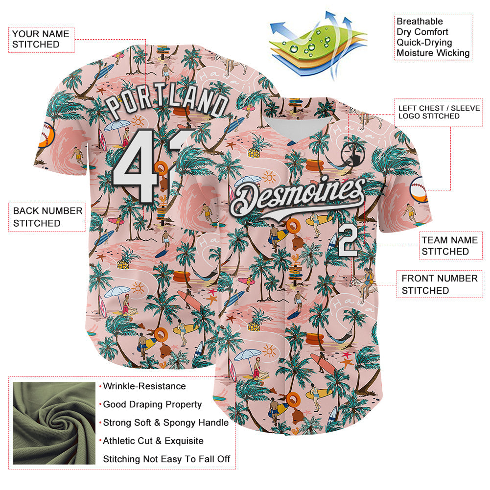 Custom Medium Pink White-Black 3D Hawaii Beach Tropical Palm Tree Surfing Authentic Baseball Jersey view 3