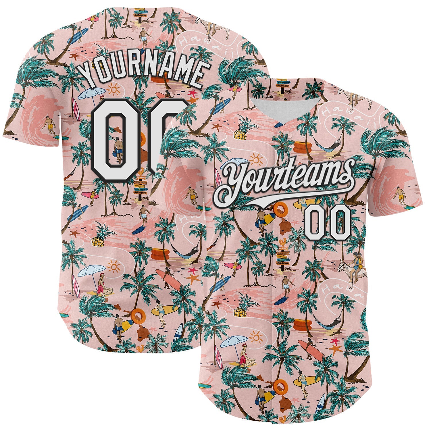 Custom Medium Pink White-Black 3D Hawaii Beach Tropical Palm Tree Surfing Authentic Baseball Jersey - Main View