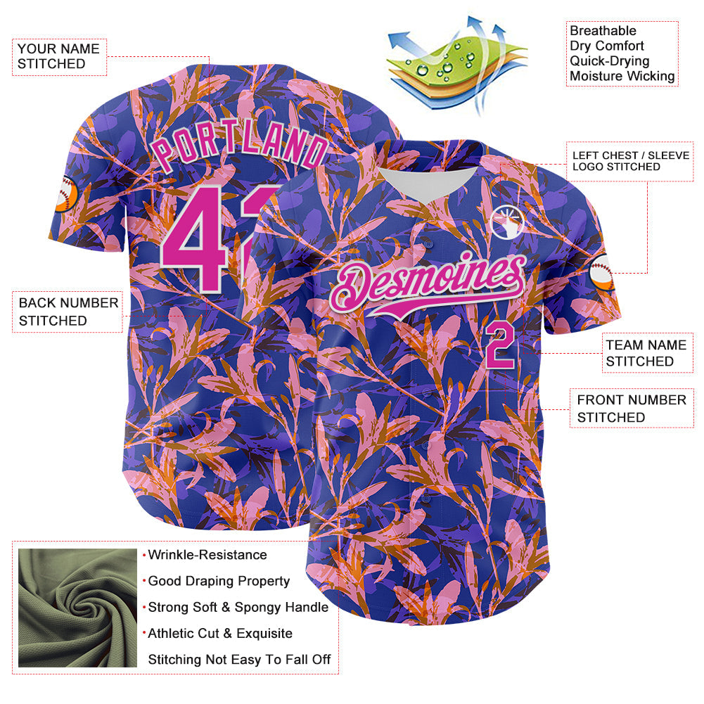 Custom Purple Deep Pink-White 3D Hawaii Tropical Flower Authentic Baseball Jersey view 3
