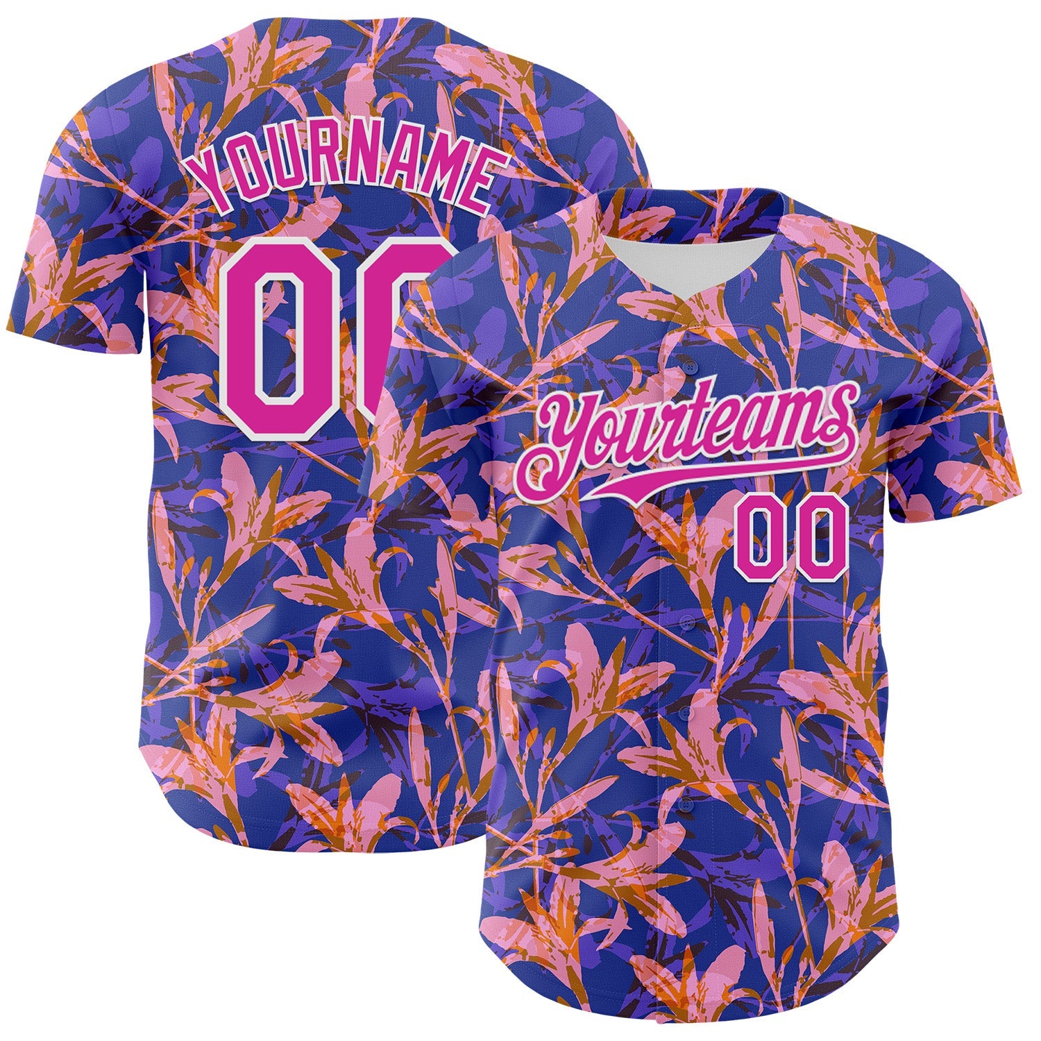 Custom Purple Deep Pink-White 3D Hawaii Tropical Flower Authentic Baseball Jersey - Main View