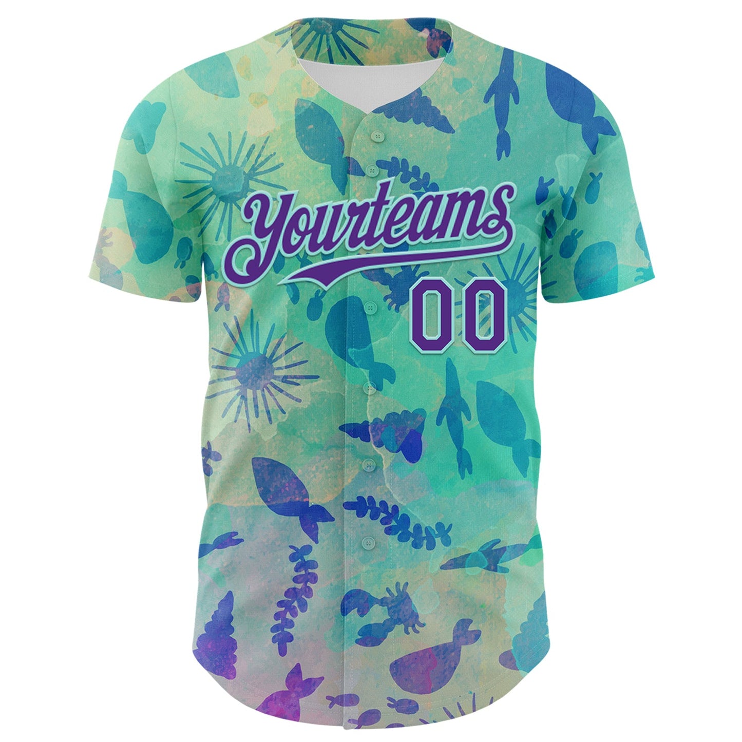 Custom Ice Blue Purple 3D Hawaii Tropical Marine Creature Authentic Baseball Jersey view 2