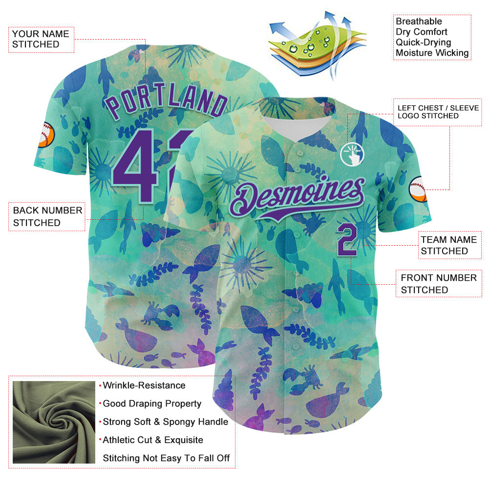 Custom Ice Blue Purple 3D Hawaii Tropical Marine Creature Authentic Baseball Jersey view 3