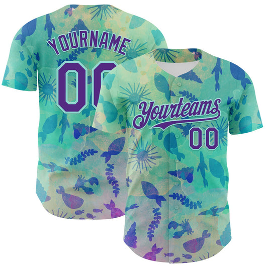 Custom Ice Blue Purple 3D Hawaii Tropical Marine Creature Authentic Baseball Jersey - Main View