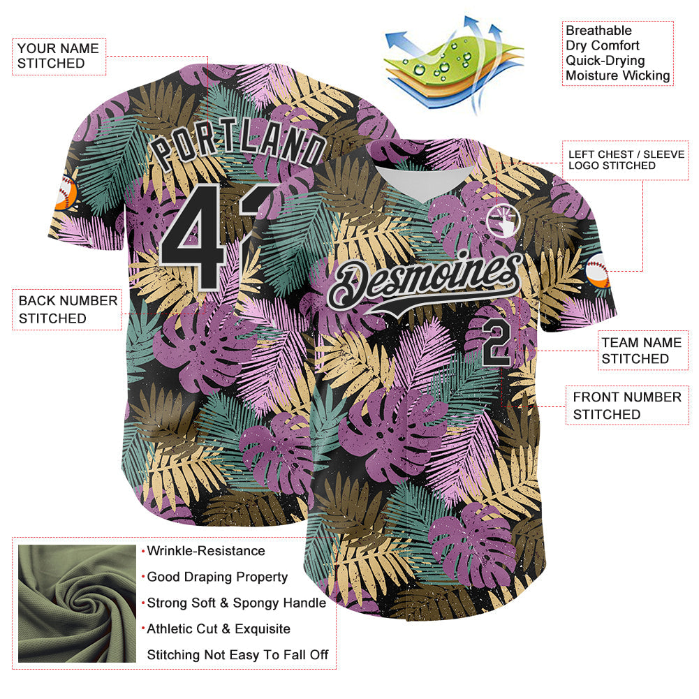 Custom Black White 3D Hawaii Tropical Palm Leaves Authentic Baseball Jersey view 3