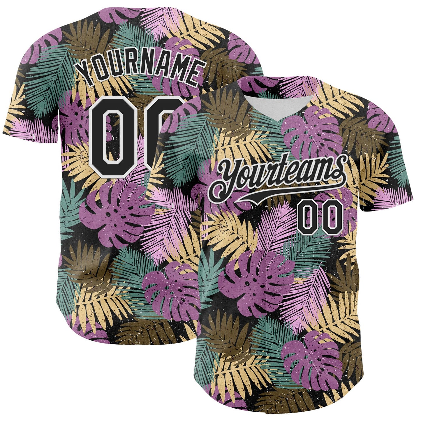 Custom Black White 3D Hawaii Tropical Palm Leaves Authentic Baseball Jersey - Main View