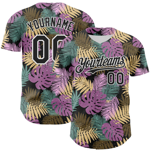 Custom Black White 3D Hawaii Tropical Palm Leaves Authentic Baseball Jersey - Main View
