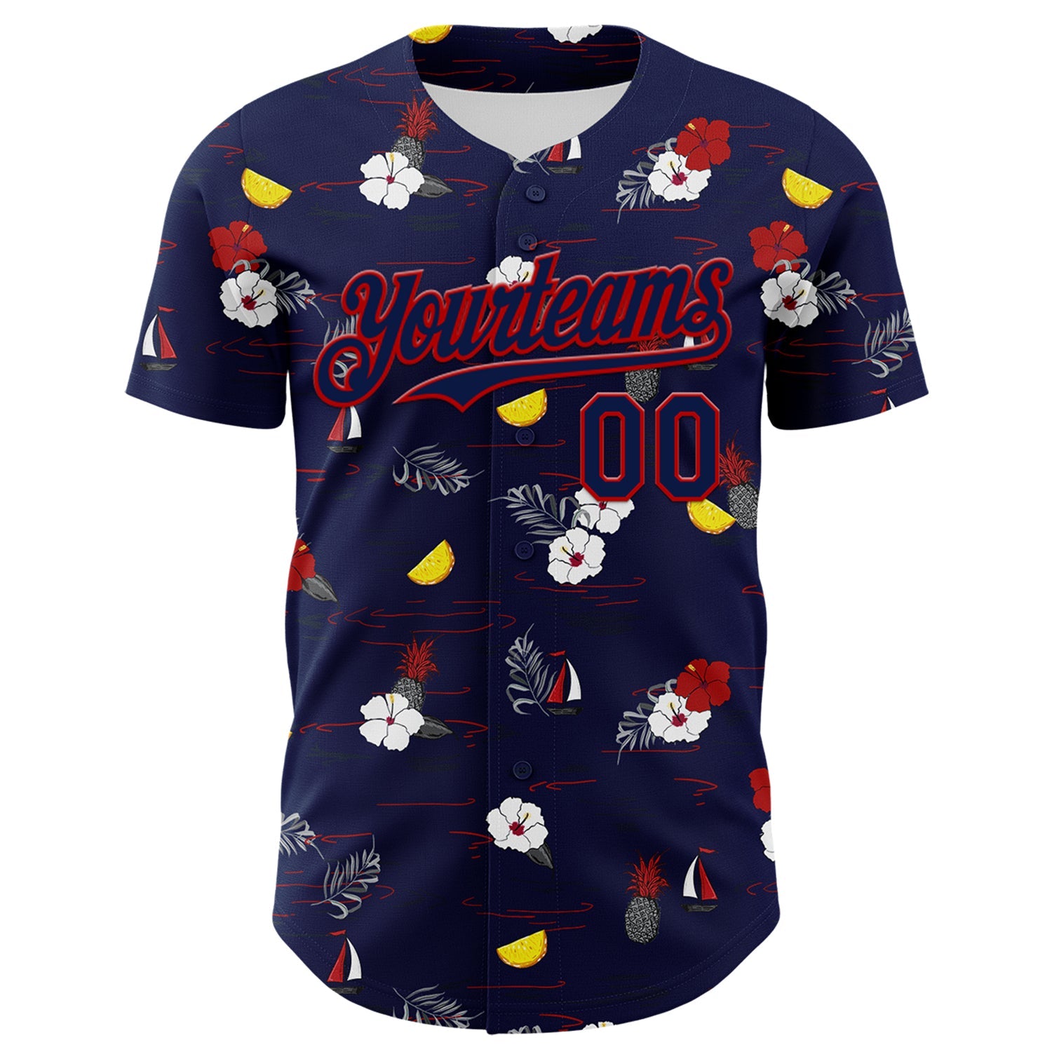 Custom Navy Red 3D Hawaii Tropical Leaves And Flowers Authentic Baseball Jersey view 2