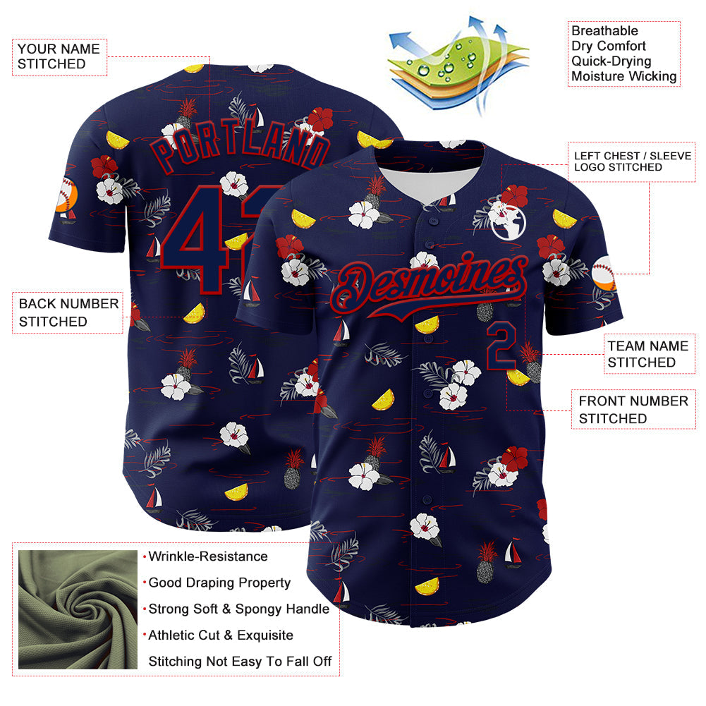Custom Navy Red 3D Hawaii Tropical Leaves And Flowers Authentic Baseball Jersey view 3