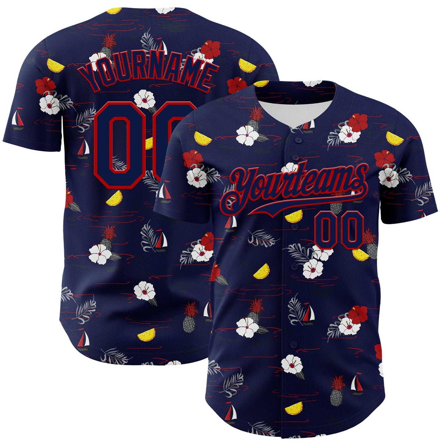 Custom Navy Red 3D Hawaii Tropical Leaves And Flowers Authentic Baseball Jersey - Main View