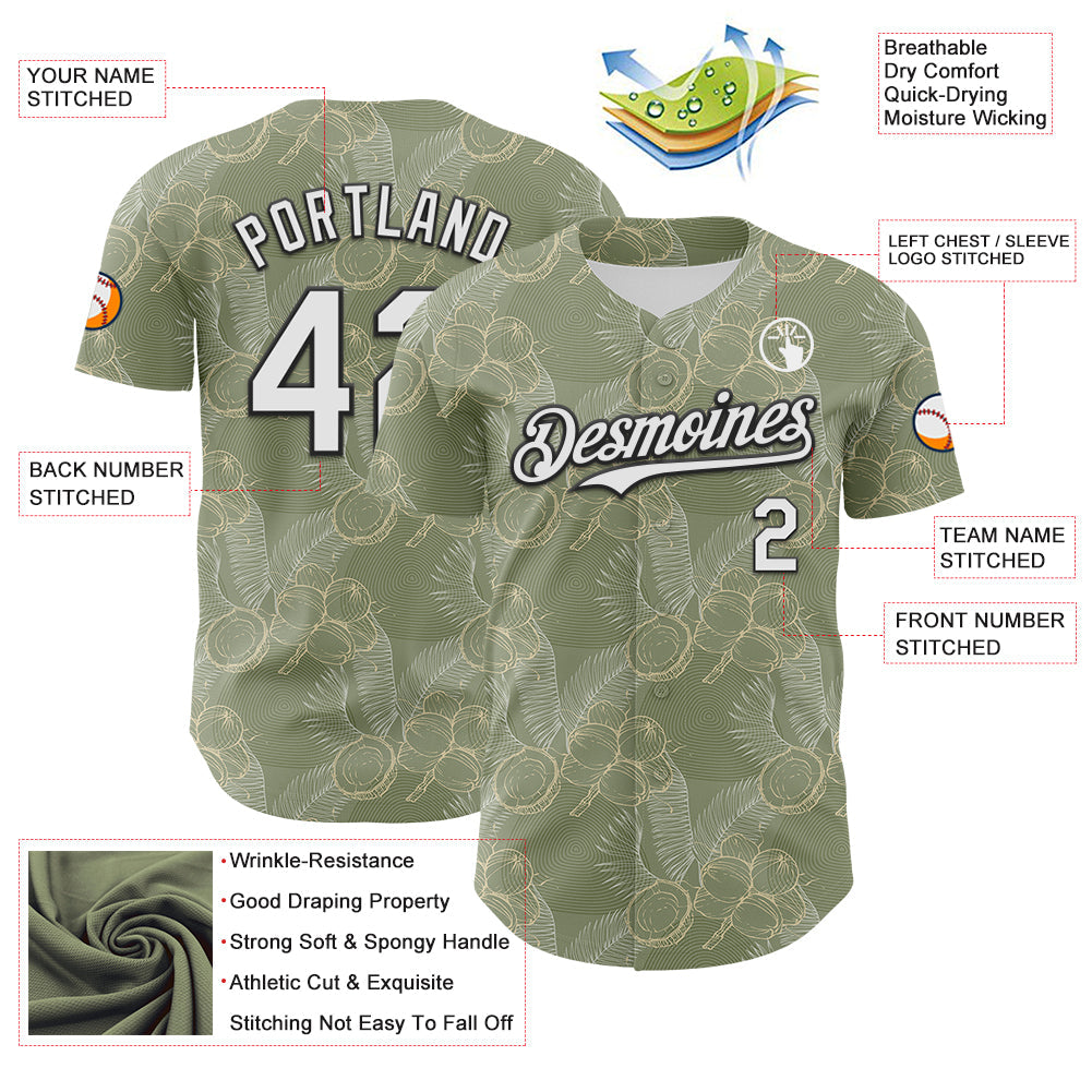Custom Olive White-Black 3D Hawaii Tropical Coconut Tree Authentic Baseball Jersey view 3