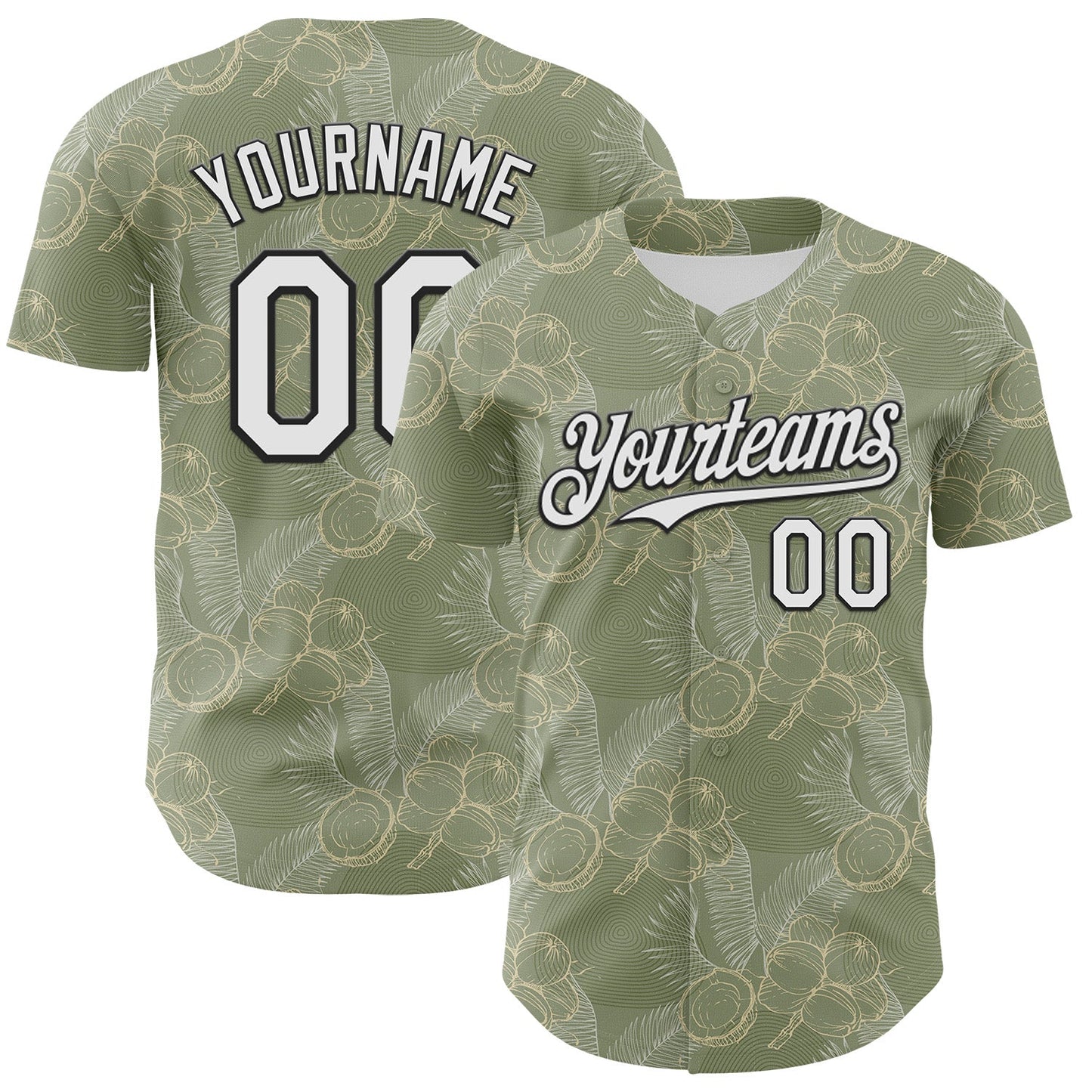 Custom Olive White-Black 3D Hawaii Tropical Coconut Tree Authentic Baseball Jersey - Main View
