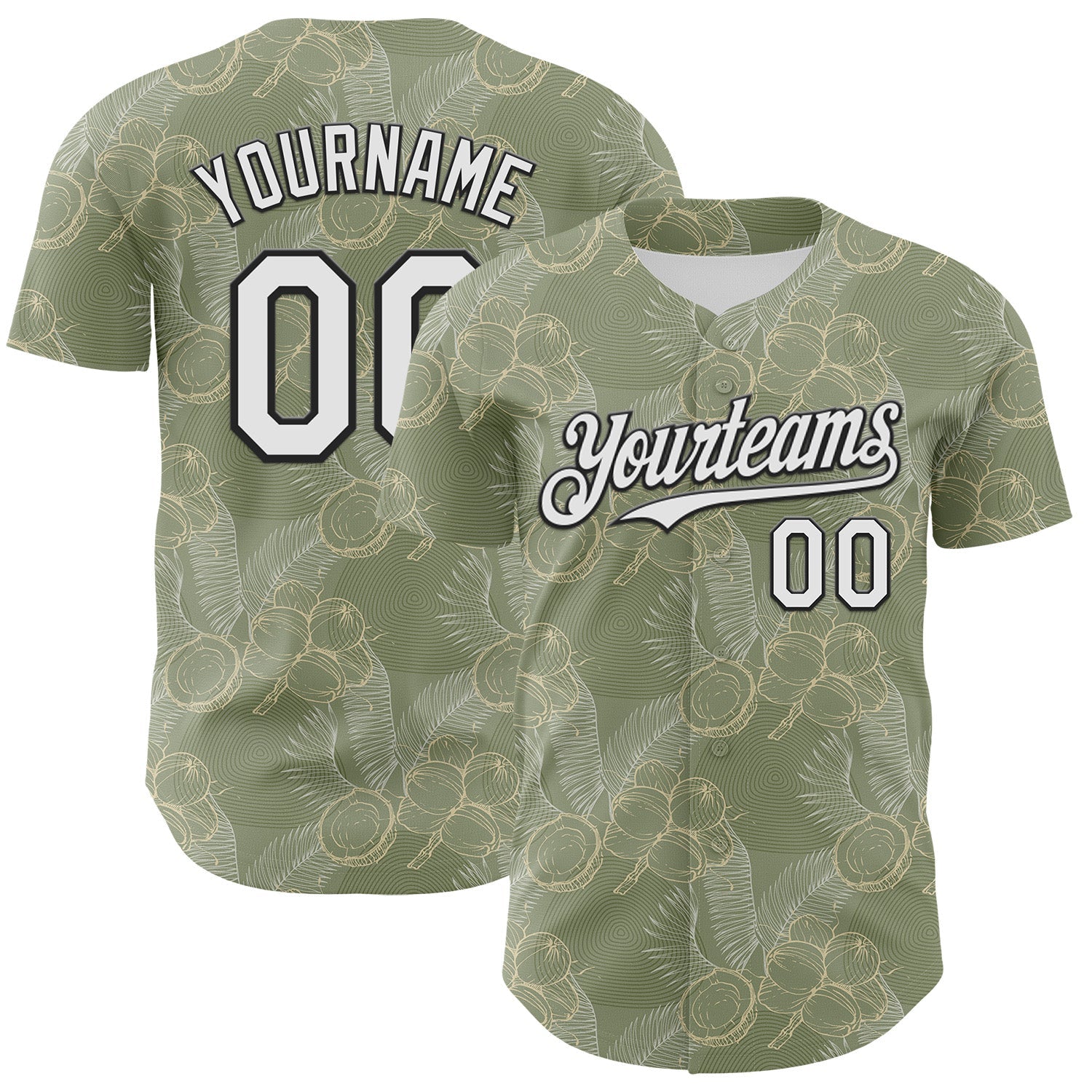 Custom Olive White-Black 3D Hawaii Tropical Coconut Tree Authentic Baseball Jersey - Main View