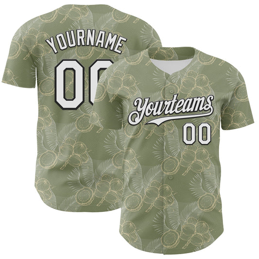 Custom Olive White-Black 3D Hawaii Tropical Coconut Tree Authentic Baseball Jersey - Main View