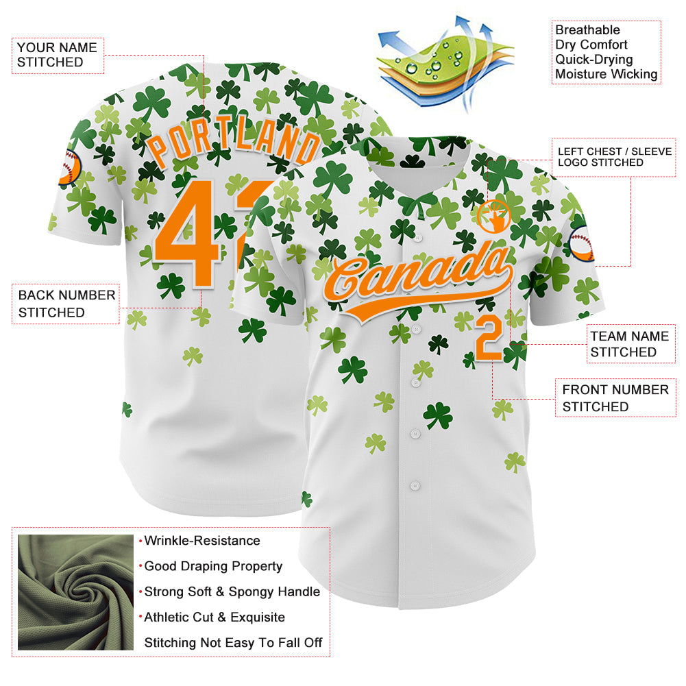 Custom White Bay Orange-Green 3D St. Patrick's Day Shamrock Authentic Baseball Jersey view 3