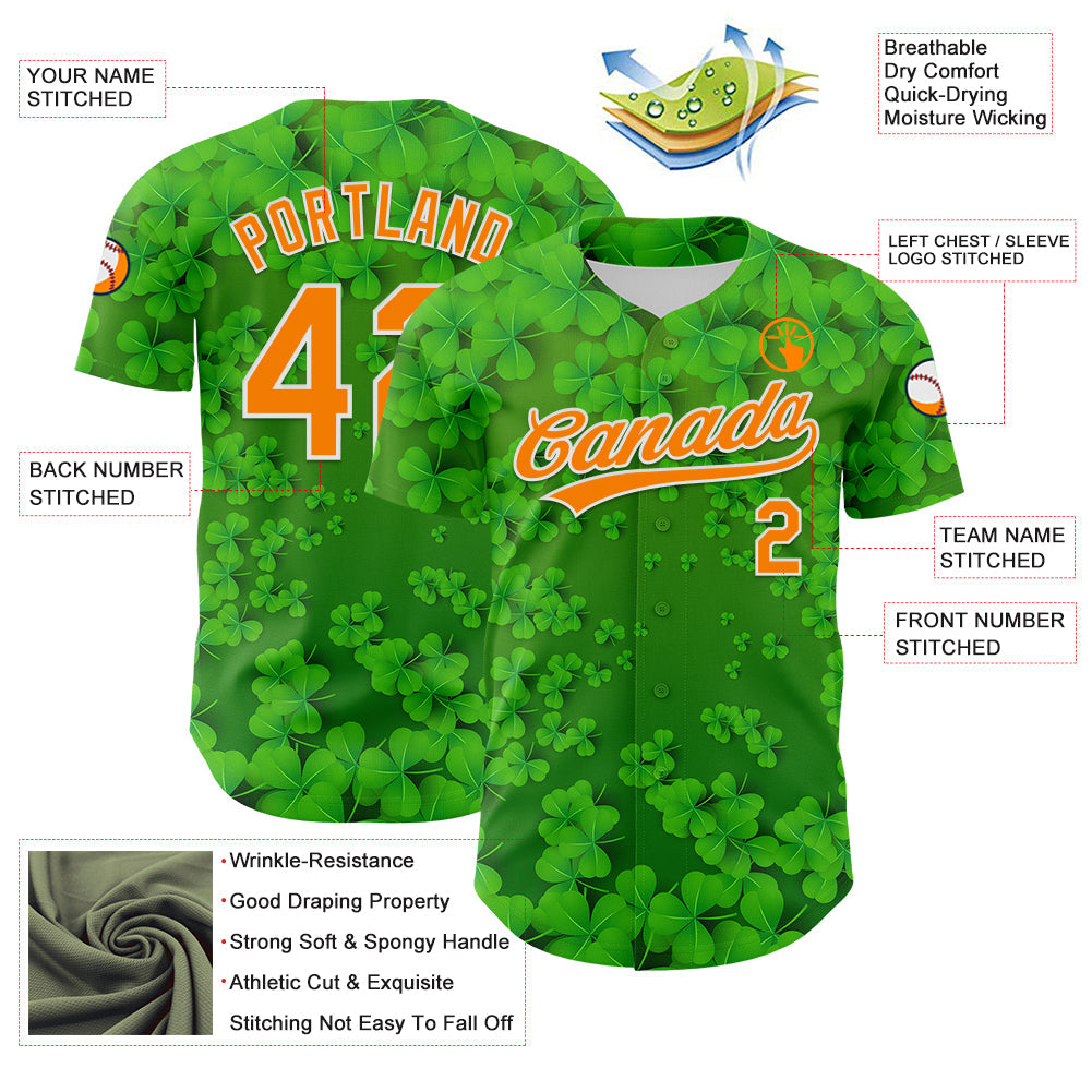 Custom Green Bay Orange-White 3D St. Patrick's Day Shamrock Authentic Baseball Jersey view 3