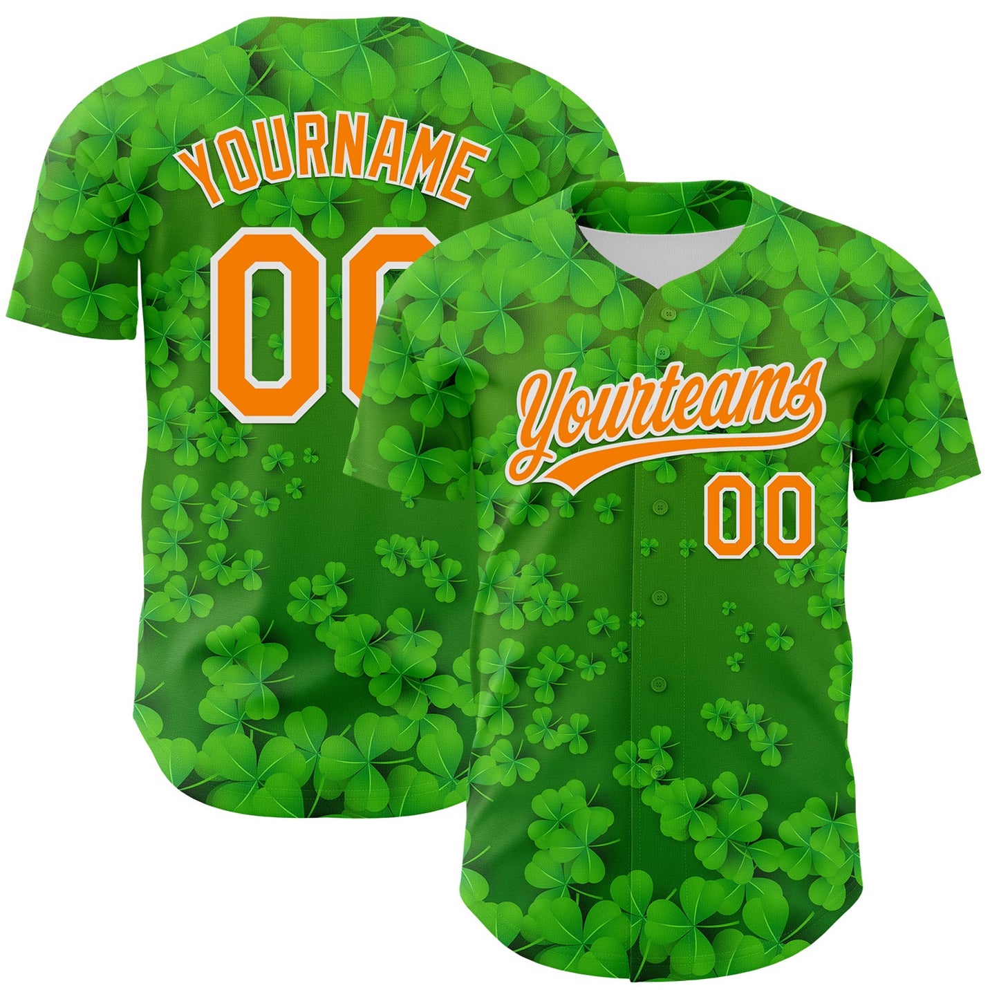 Custom Green Bay Orange-White 3D St. Patrick's Day Shamrock Authentic Baseball Jersey - Main View
