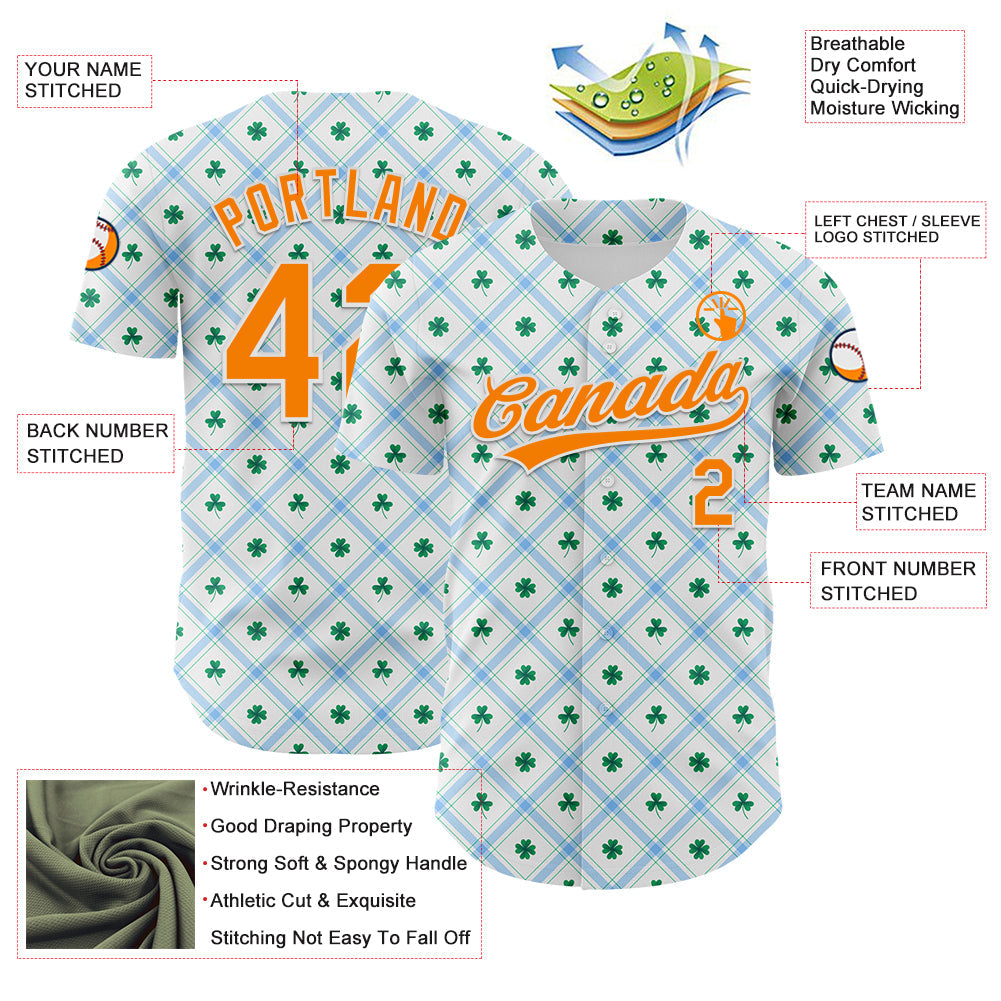 Custom White Bay Orange-Green 3D St. Patrick's Day Shamrock Authentic Baseball Jersey view 3