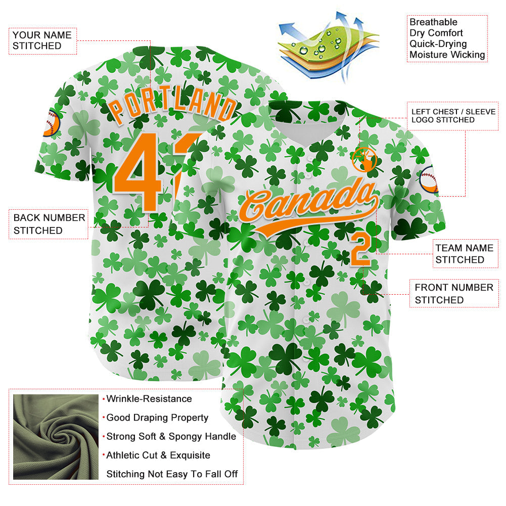 Custom White Bay Orange-Green 3D St. Patrick's Day Shamrock Authentic Baseball Jersey view 3