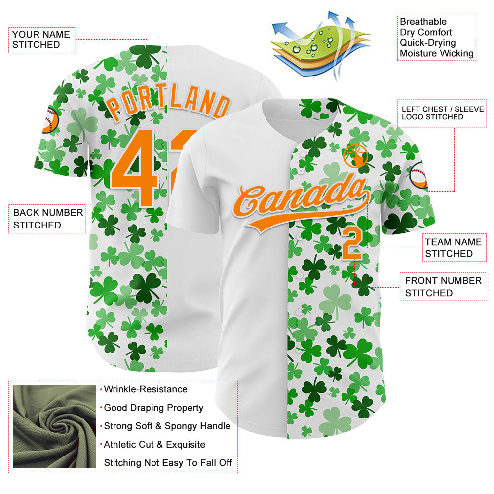 Custom White Bay Orange-Green 3D St. Patrick's Day Shamrock Authentic Baseball Jersey view 3