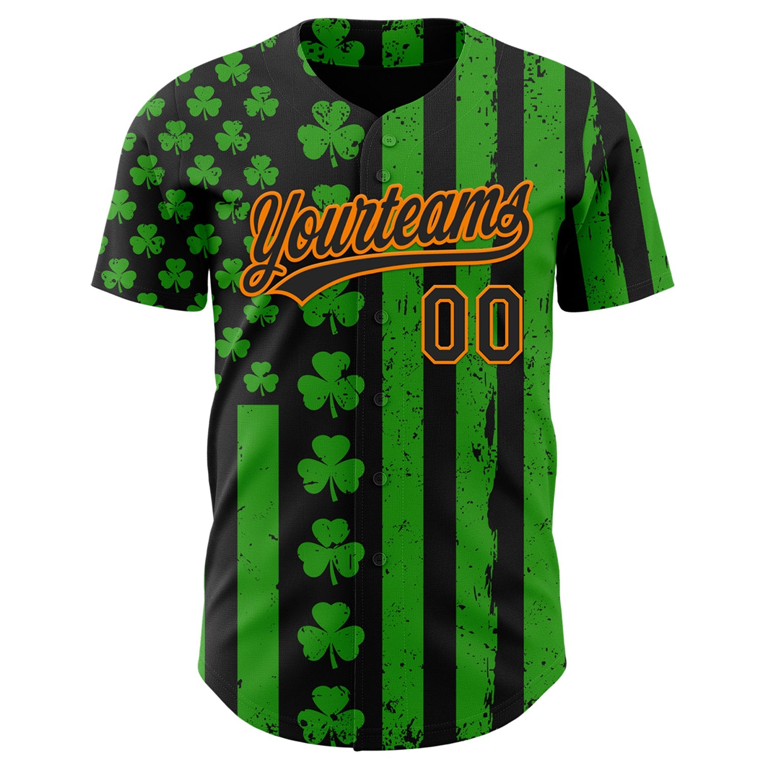 Custom Green Black-Bay Orange 3D St. Patrick's Day Shamrock Authentic Baseball Jersey view 2