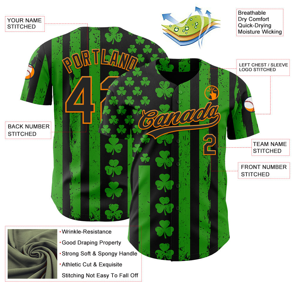 Custom Green Black-Bay Orange 3D St. Patrick's Day Shamrock Authentic Baseball Jersey view 3
