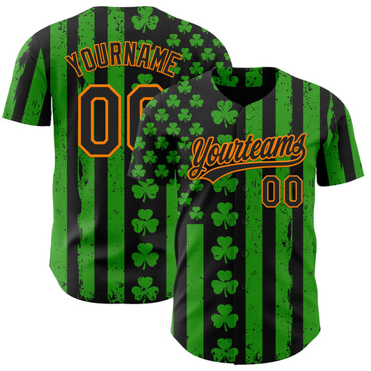 Custom Green Black-Bay Orange 3D St. Patrick's Day Shamrock Authentic Baseball Jersey - Main View