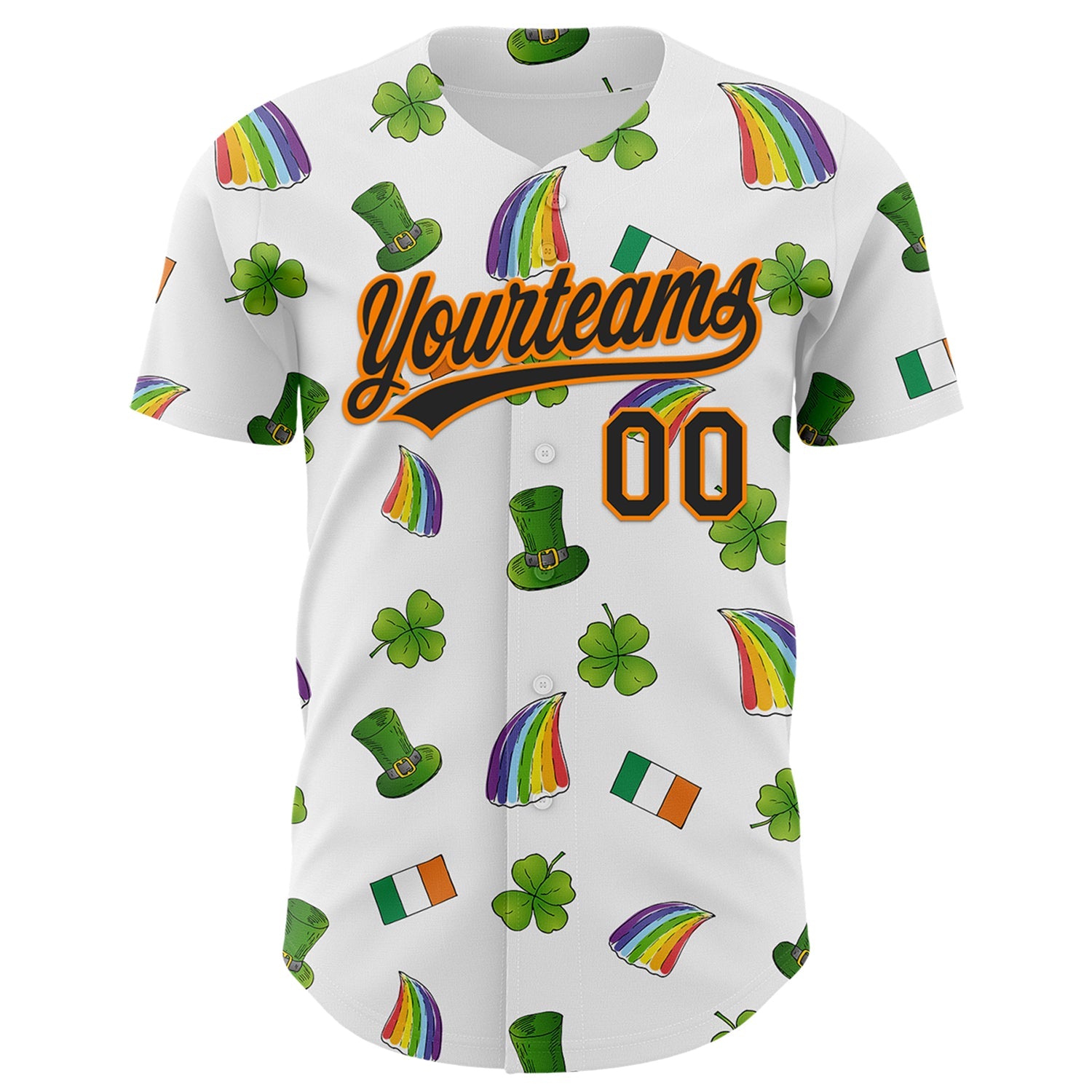 Custom White Black Bay Orange-Green 3D St. Patrick's Day Shamrock Authentic Baseball Jersey view 2