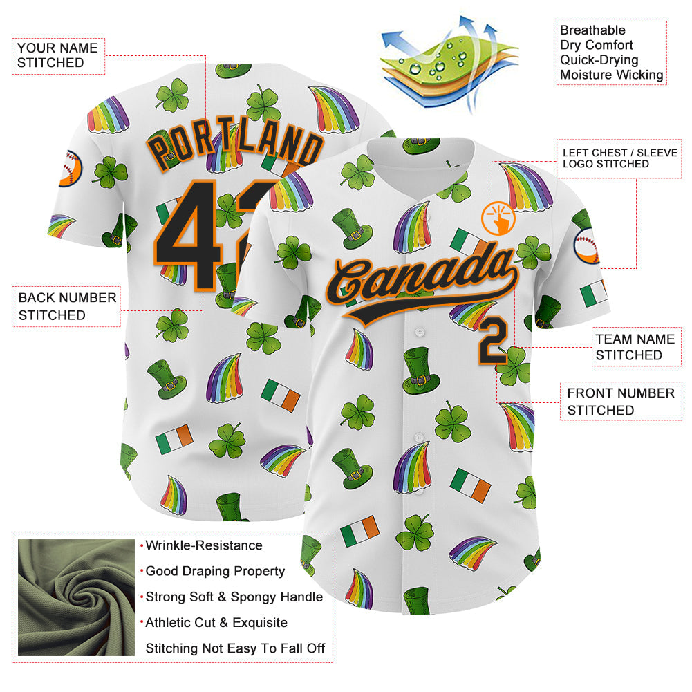Custom White Black Bay Orange-Green 3D St. Patrick's Day Shamrock Authentic Baseball Jersey view 3