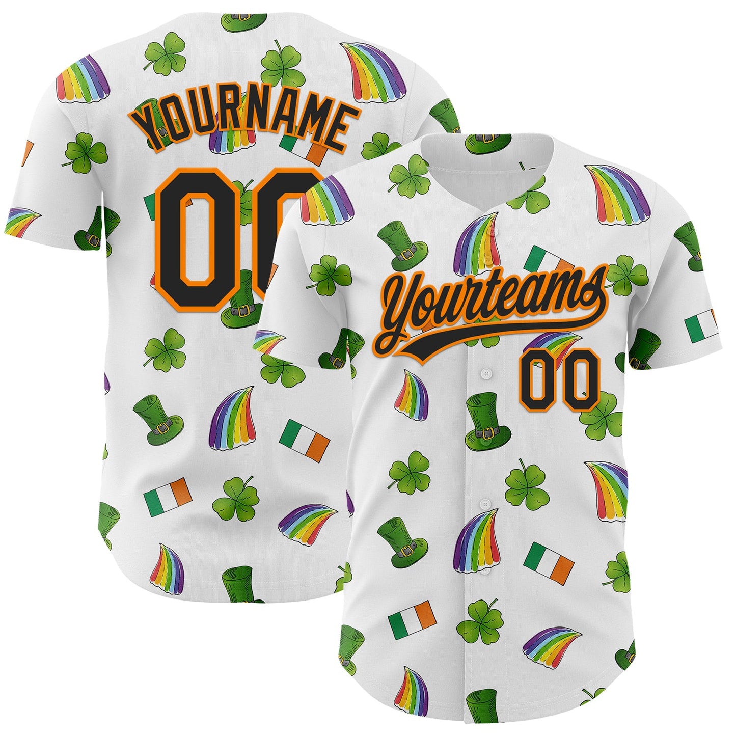 Custom White Black Bay Orange-Green 3D St. Patrick's Day Shamrock Authentic Baseball Jersey - Main View