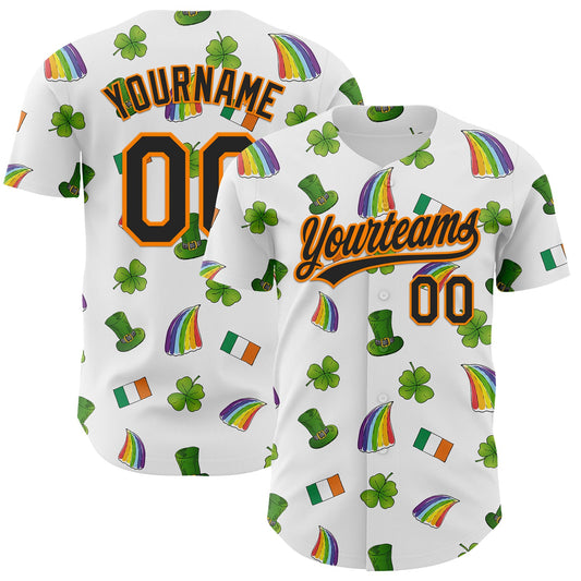 Custom White Black Bay Orange-Green 3D St. Patrick's Day Shamrock Authentic Baseball Jersey - Main View