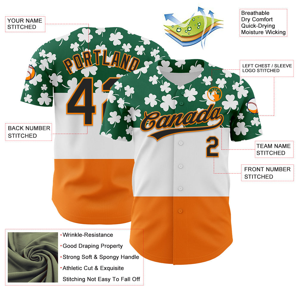 Custom Kelly Green Black-Bay Orange 3D St. Patrick's Day Shamrock Authentic Baseball Jersey view 3