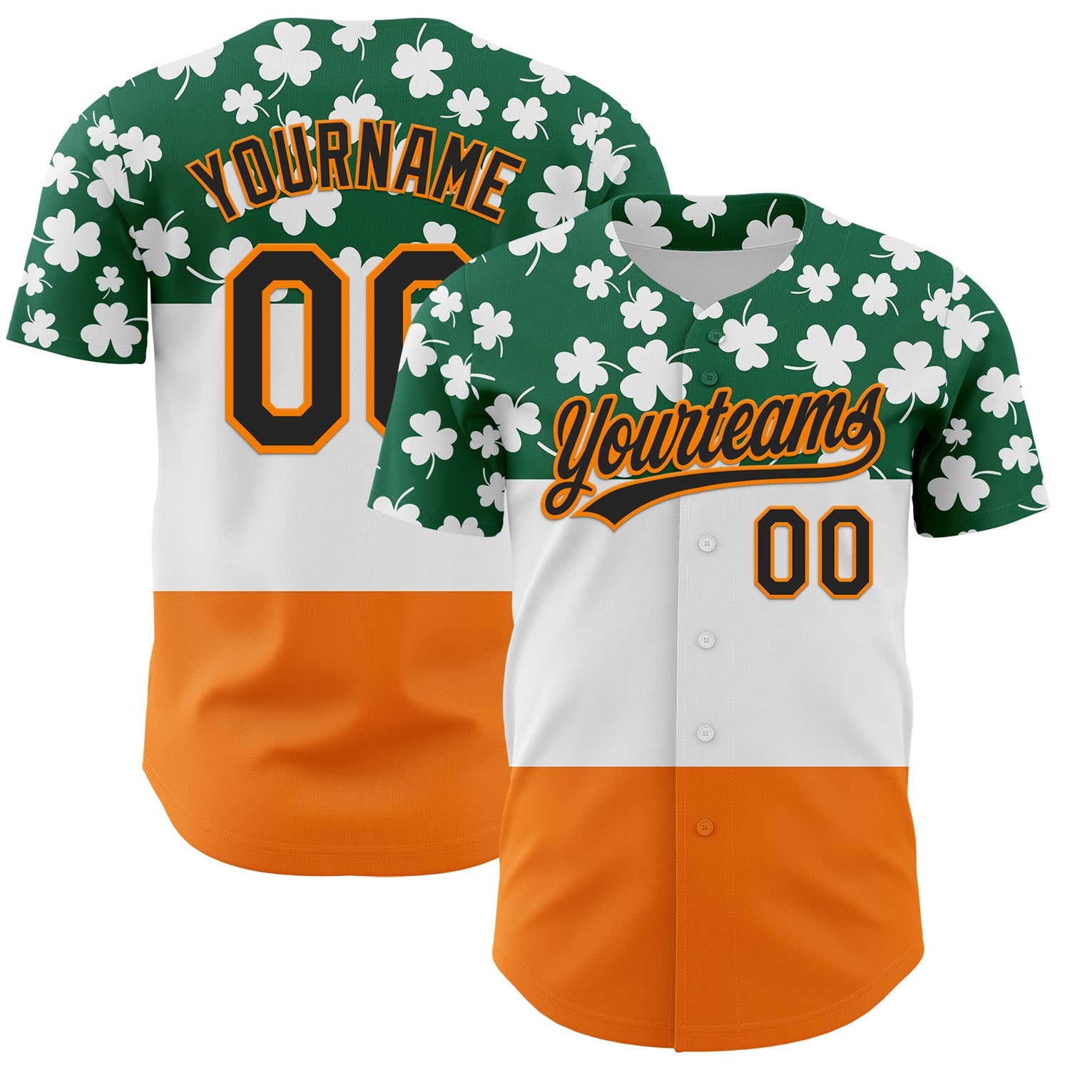 Custom Kelly Green Black-Bay Orange 3D St. Patrick's Day Shamrock Authentic Baseball Jersey - Main View