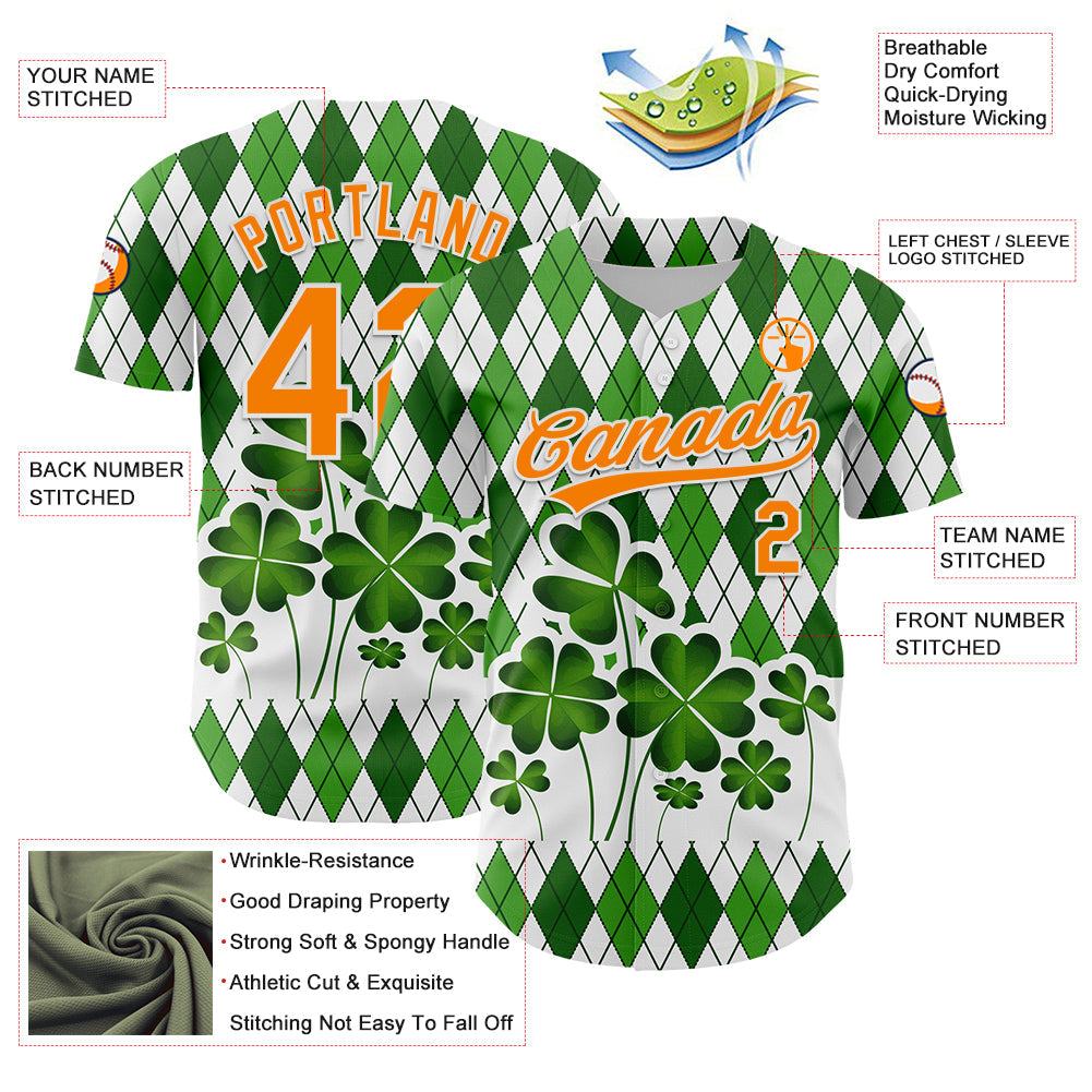 Custom White Bay Orange-Green 3D St. Patrick's Day Shamrock Authentic Baseball Jersey view 3