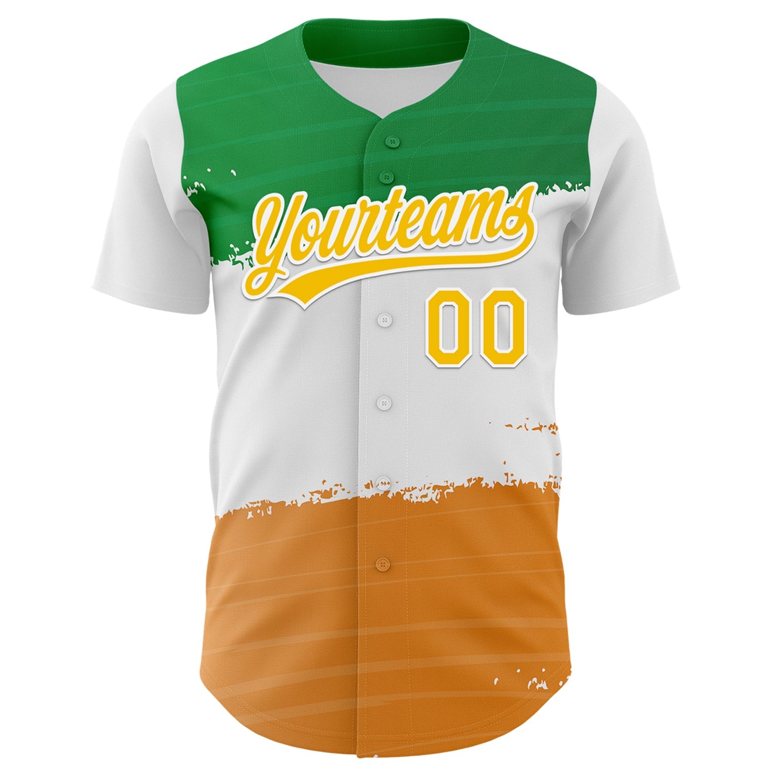 Custom Green Yellow-Texas Orange 3D St. Patrick's Day Shamrock Authentic Baseball Jersey view 2