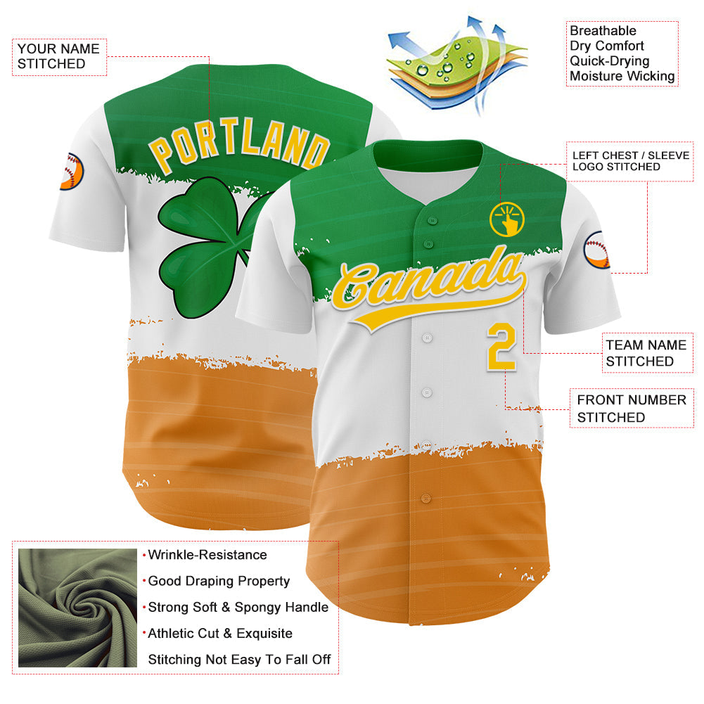 Custom Green Yellow-Texas Orange 3D St. Patrick's Day Shamrock Authentic Baseball Jersey view 3