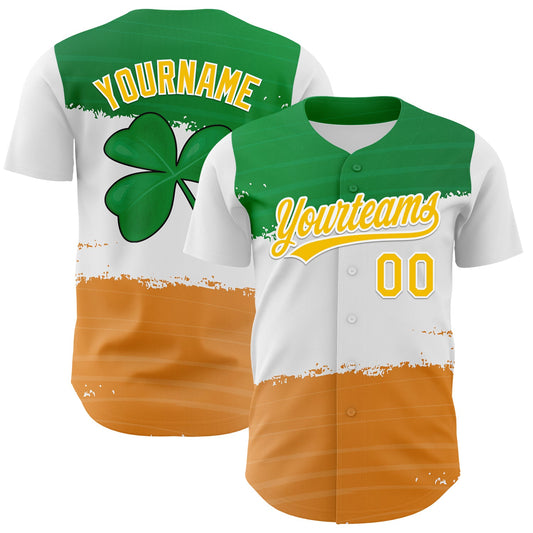 Custom Green Yellow-Texas Orange 3D St. Patrick's Day Shamrock Authentic Baseball Jersey - Main View