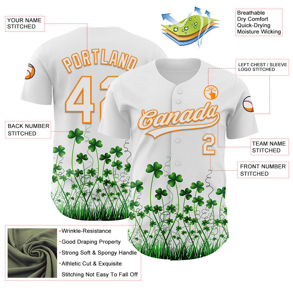 Custom White Bay Orange-Green 3D St. Patrick's Day Shamrock Authentic Baseball Jersey view 3