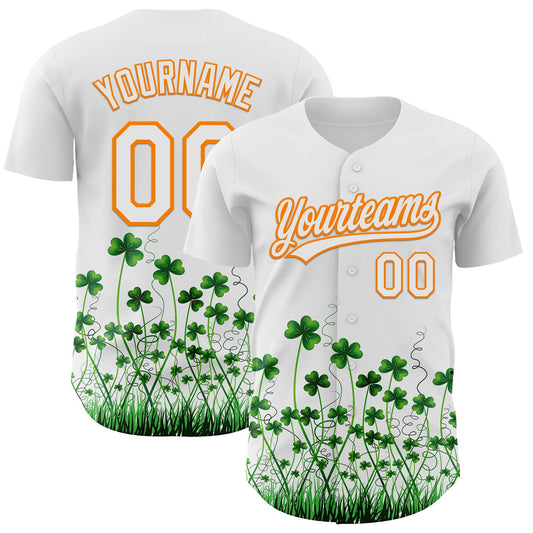 Custom White Bay Orange-Green 3D St. Patrick's Day Shamrock Authentic Baseball Jersey - Main View