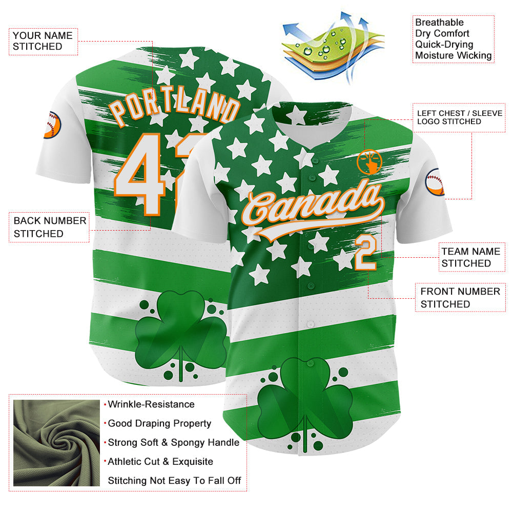 Custom White Bay Orange-Green 3D St. Patrick's Day Shamrock Authentic Baseball Jersey view 3