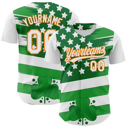 Custom White Bay Orange-Green 3D St. Patrick's Day Shamrock Authentic Baseball Jersey - Main View