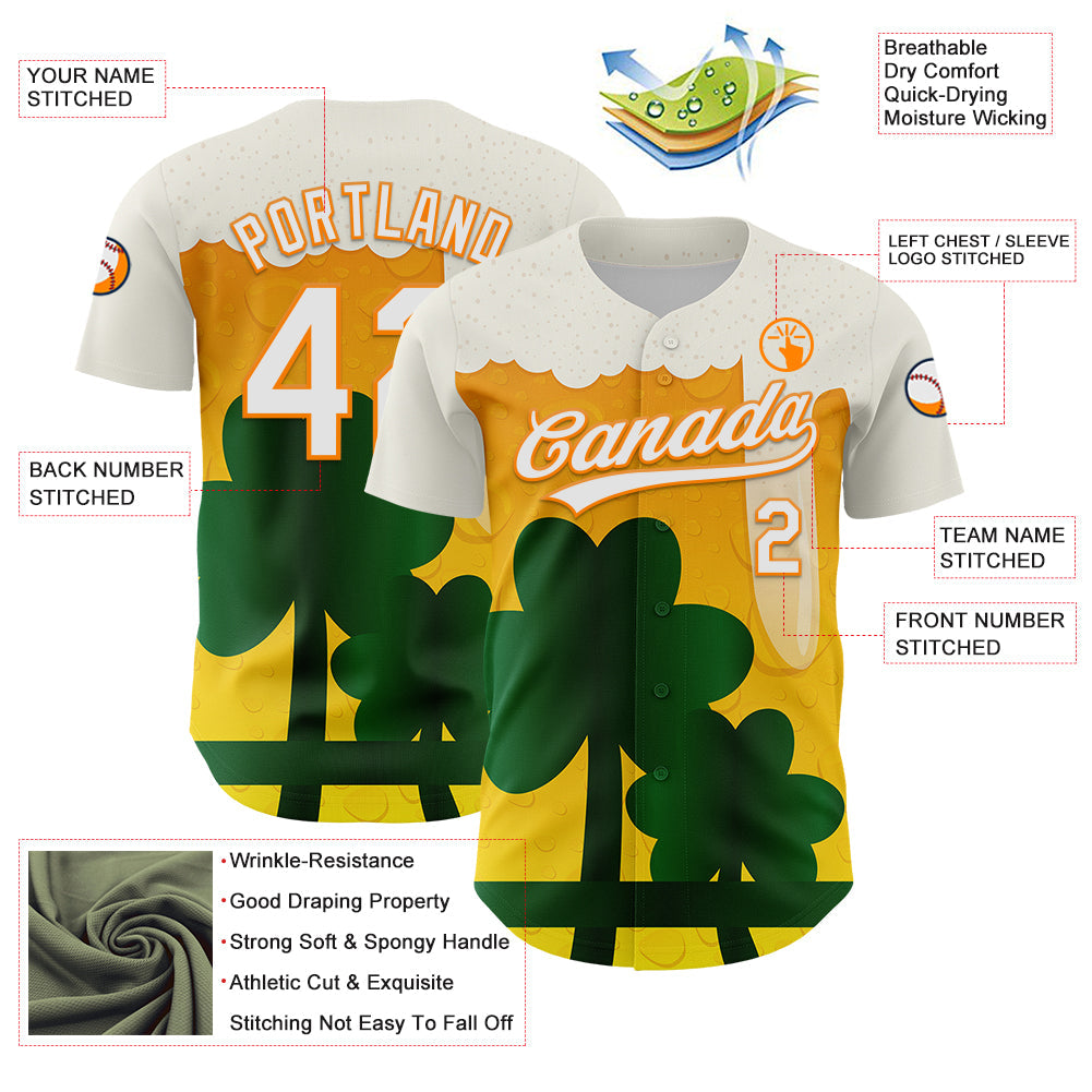 Custom White Bay Orange-Green 3D St. Patrick's Day Shamrock Beer Authentic Baseball Jersey view 3