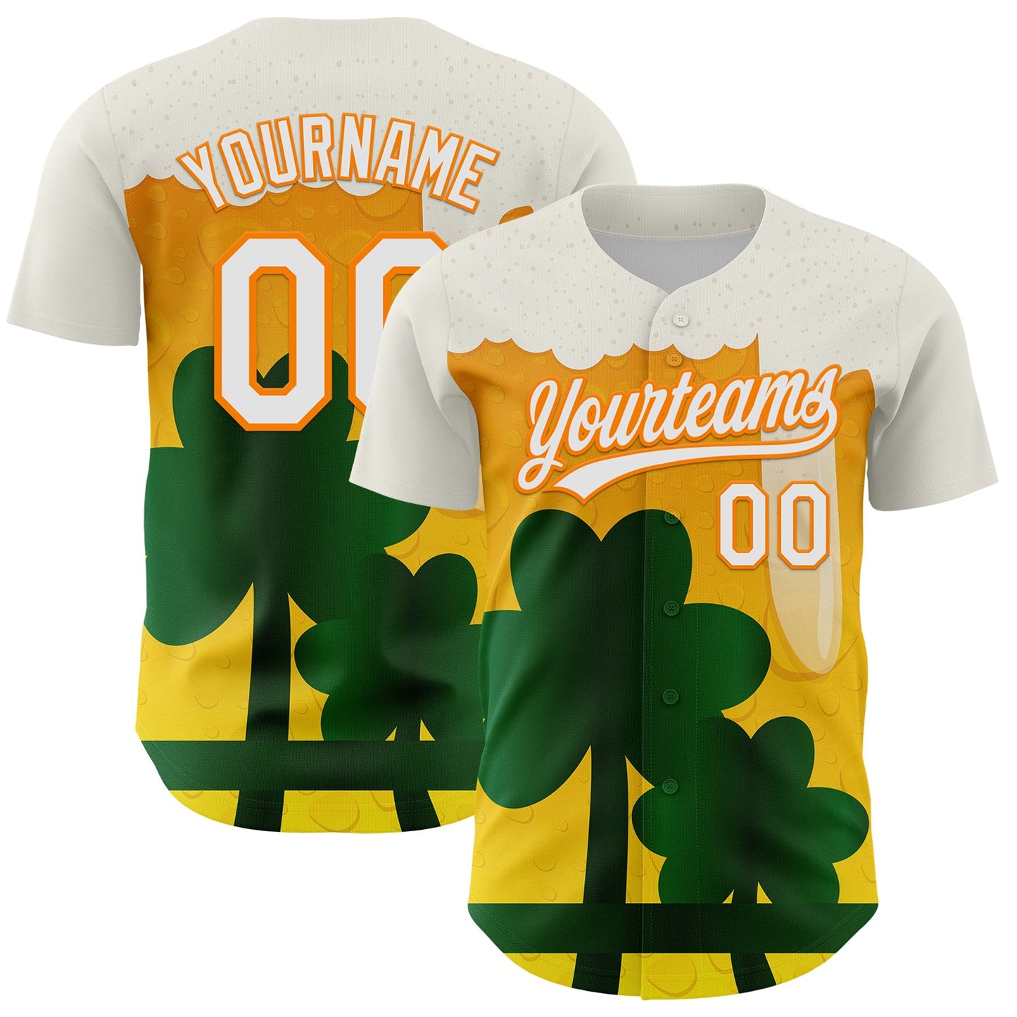 Custom White Bay Orange-Green 3D St. Patrick's Day Shamrock Beer Authentic Baseball Jersey - Main View