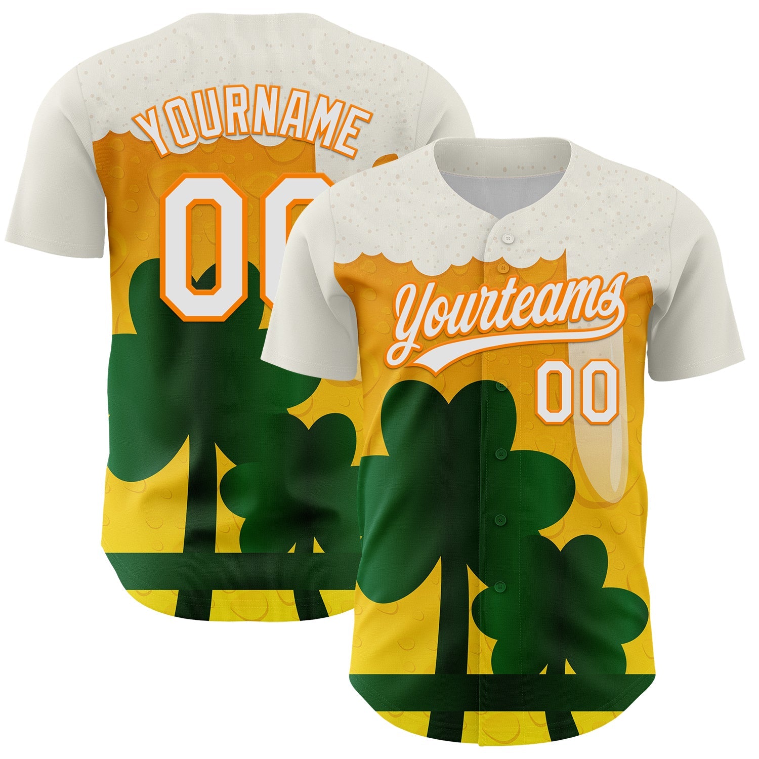 Custom White Bay Orange-Green 3D St. Patrick's Day Shamrock Beer Authentic Baseball Jersey - Main View